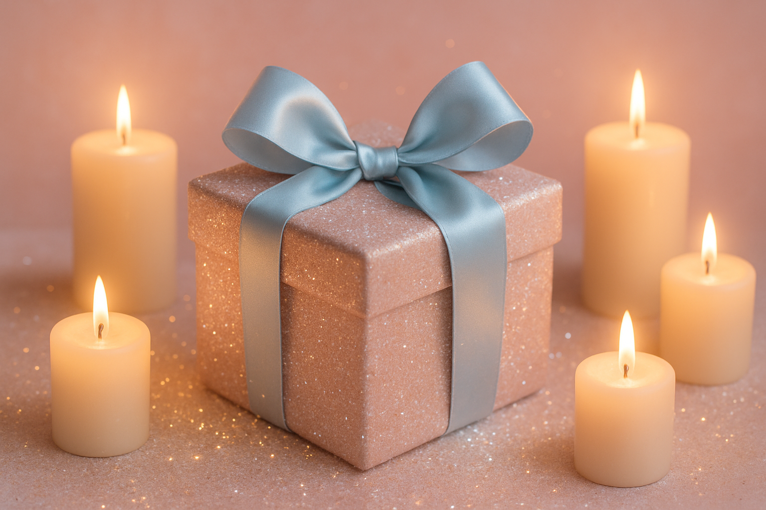 more pinkish blush colored background instead of gold...but everything else, the gift, candles, glitter is perfect
