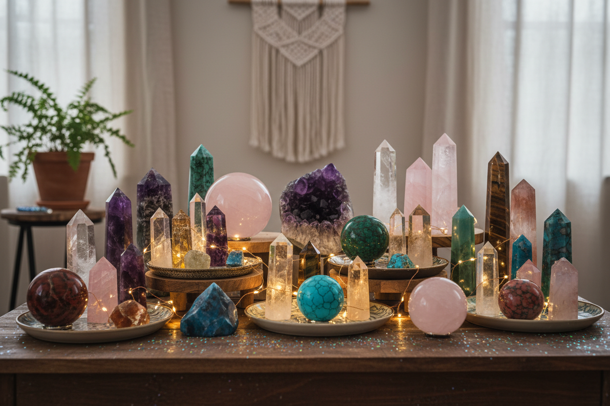 random variety of large crystal towers, shapes, and spheres in a pretty room with twinkle lights on a table with glitter- realistic looking